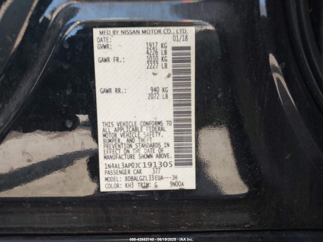 42552740 :رقم المزاد ، 1N4AL3AP0JC191305 vin ، 2018 Nissan Altima 2.5 S مزاد بيع