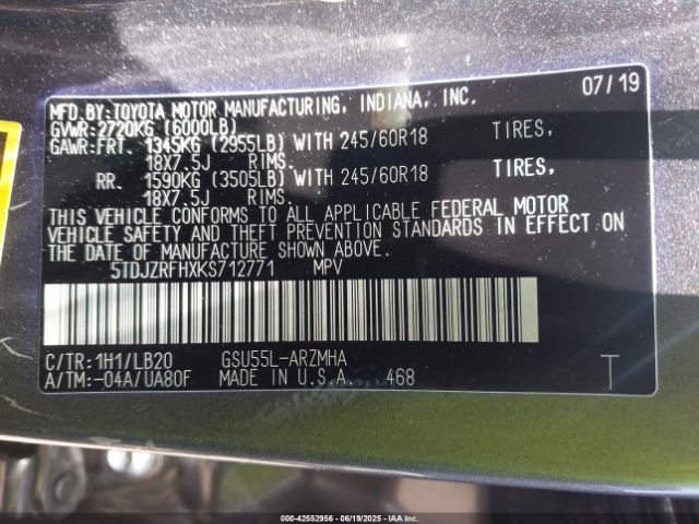 2019 TOYOTA HIGHLANDER 5TDJZRFHXKS712771 Photo 8