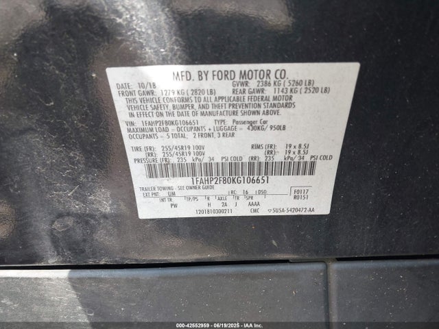 1FAHP2F80KG106651 Ford 2019