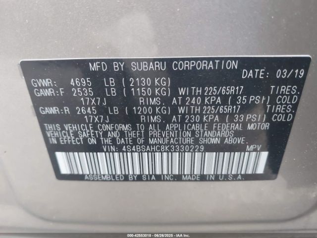2019 SUBARU OUTBACK 4S4BSAHC8K3330229 Photo 8