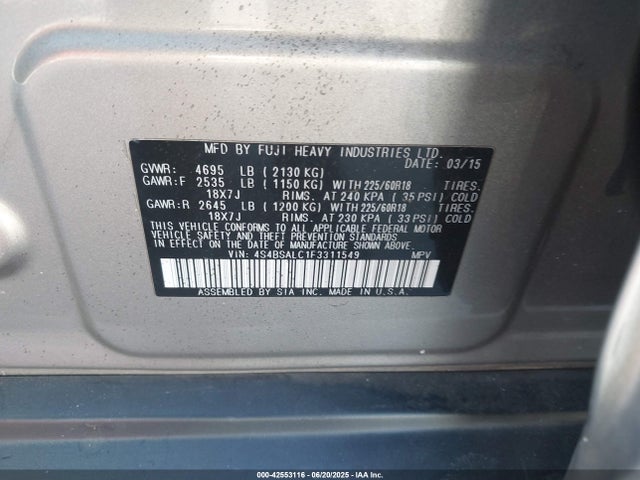 4S4BSALC1F3311549 Subaru 2.5l u5