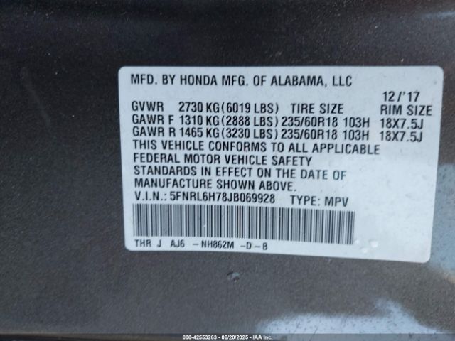 2018 HONDA ODYSSEY 5FNRL6H78JB069928 Photo 8