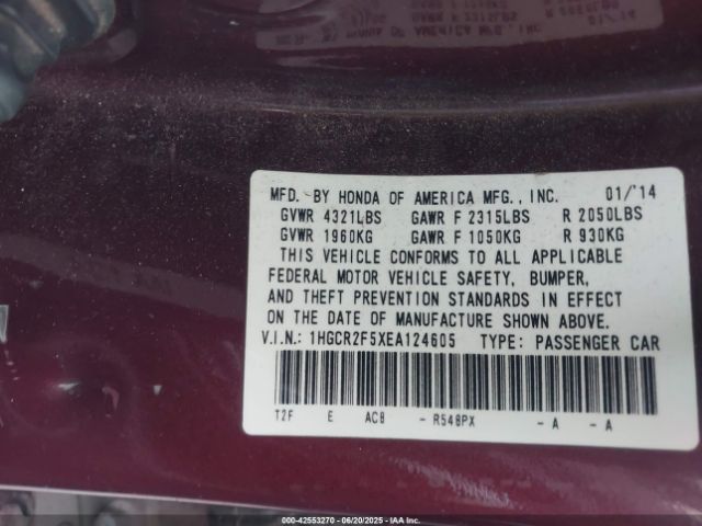 1HGCR2F5XEA124605 Honda k24w1