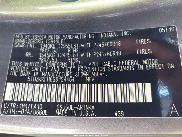 5TDZKRFH6GS154464 Toyota 2gr-fe