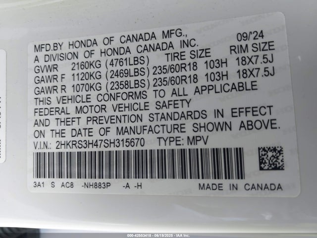 2HKRS3H47SH315670 Honda l15be