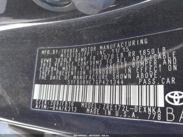 5YFBURHE7GP421344 Toyota 2zr-fe