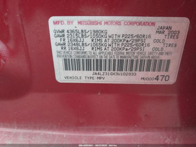 2003 MITSUBISHI OUTLANDER JA4LZ31GX3U102333 Photo 8