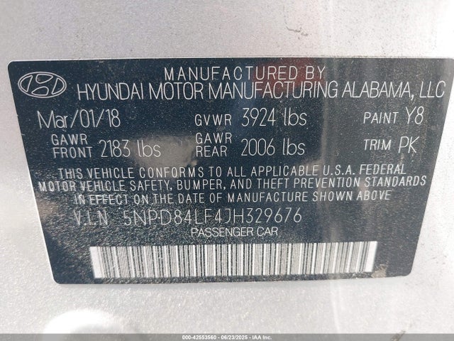5NPD84LF4JH329676 Hyundai mpi nu