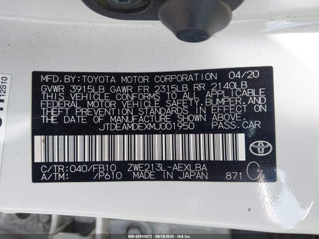 JTDEAMDEXMJ001950 Toyota 2zr-fxe, 1nm