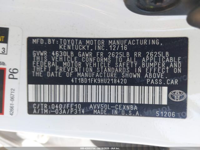 4T1BD1FK9HU218420 Toyota 2ar-fxe+2jm