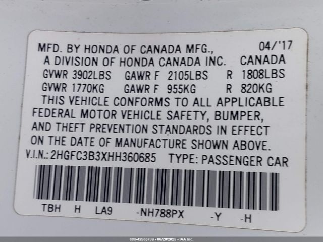 2HGFC3B3XHH360685 Honda l15b7