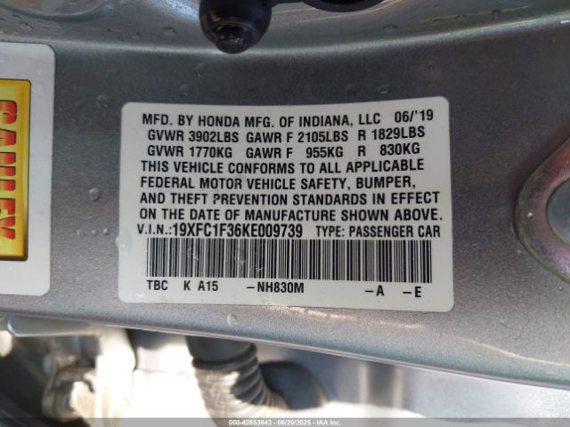 2019 HONDA CIVIC 19XFC1F36KE009739 Photo 8