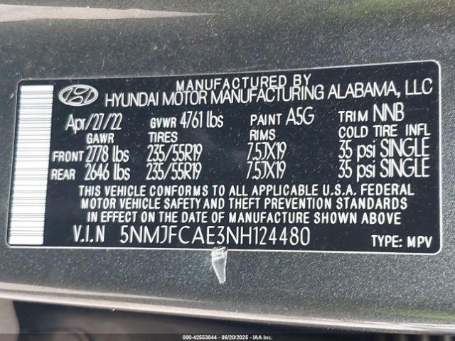 5NMJFCAE3NH124480 Hyundai gdi theta iii