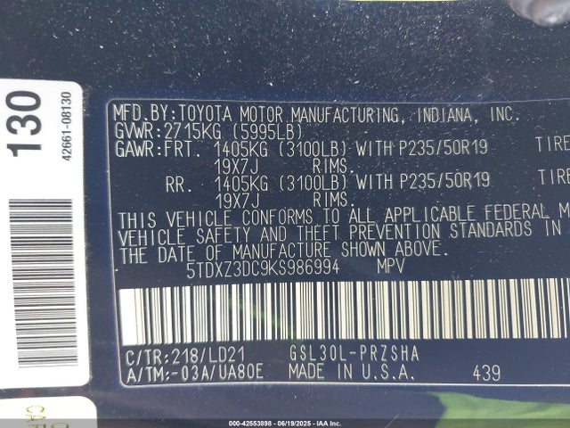 5TDXZ3DC9KS986994 Toyota 2gr-fks
