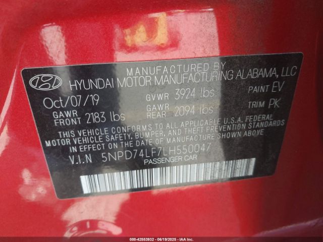 5NPD74LF7LH550047 Hyundai mpi nu