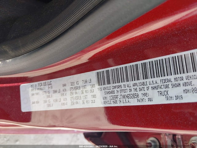 42553987 :رقم المزاد ، 1C6SRFJTXKN652650 vin ، 2019 Ram 1500 Laramie  4x4 5'7 Box مزاد بيع