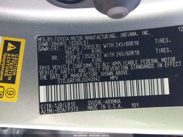 5TDJGRFH8JS040942 Toyota 2gr-fxs, 4jm+2fm