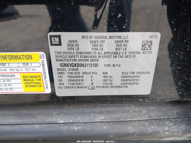 1GNKVGKD9HJ113199 Chevrolet llt - sidi: spark ignited direct injection, alum, 60 degrees