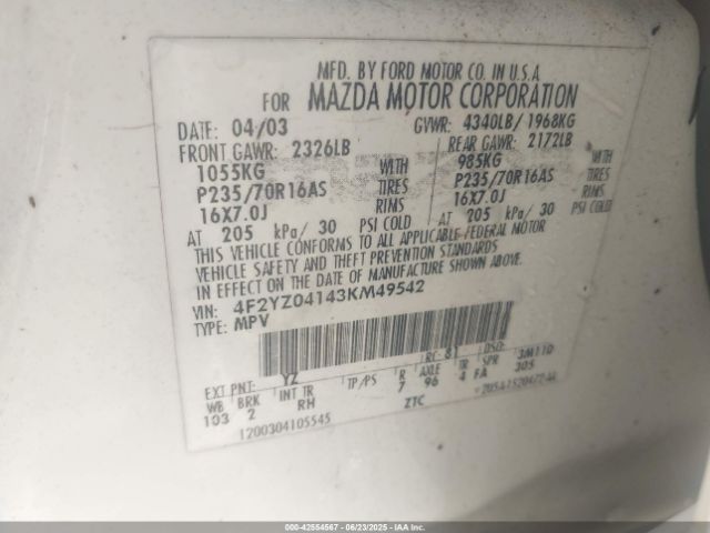 2003 MAZDA TRIBUTE 4F2YZ04143KM49542 Photo 8