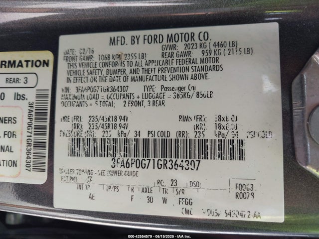 3FA6P0G71GR364307 Ford 2016
