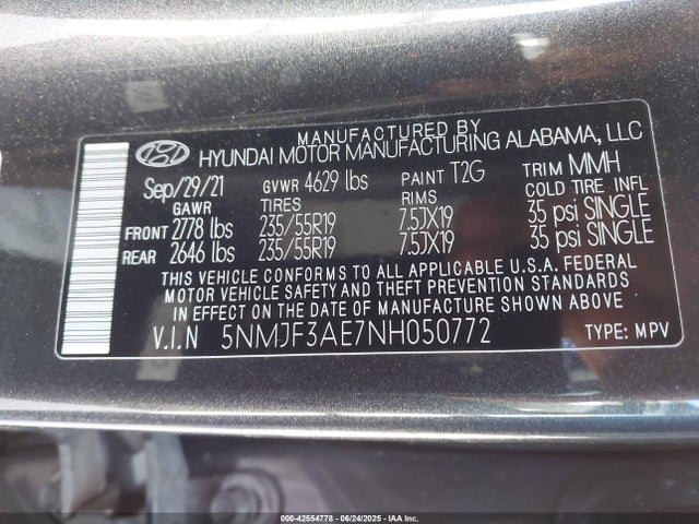 5NMJF3AE7NH050772 Hyundai gdi theta iii