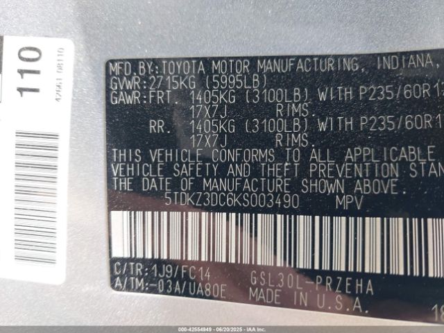 2019 TOYOTA SIENNA 5TDKZ3DC6KS003490 Photo 8