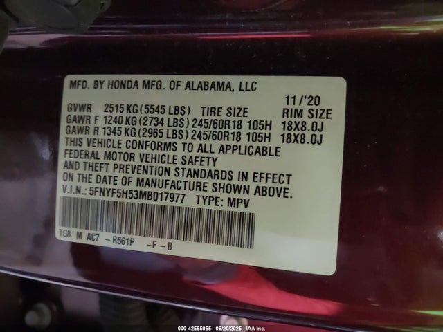Honda j35y6 2021 5FNYF5H53MB017977 Image 9