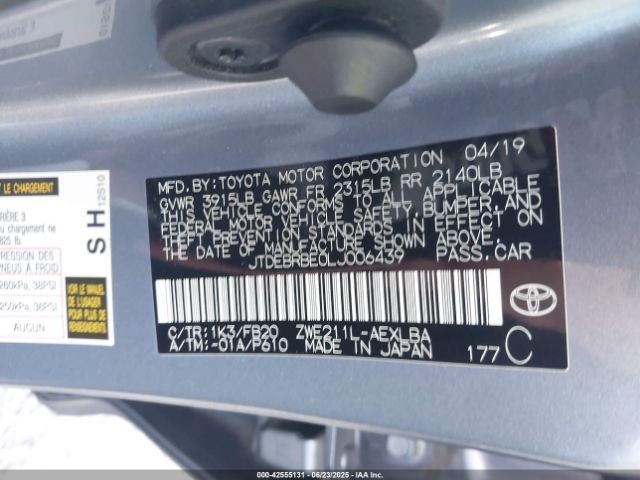 JTDEBRBE0LJ006439 Toyota 2zr-fxe, 1nm