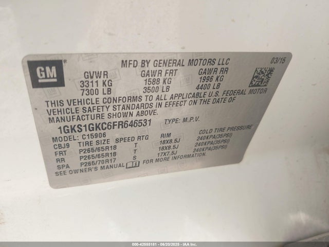 1GKS1GKC6FR646531 GMC l83 - vvt, active fuel management, aluminum