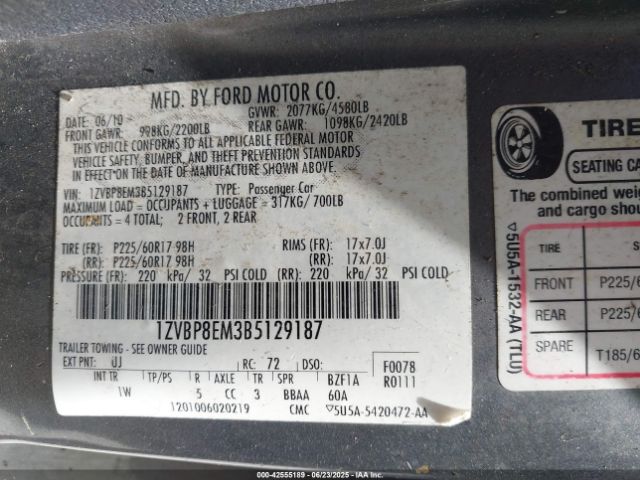 2011 FORD MUSTANG 1ZVBP8EM3B5129187 Photo 8