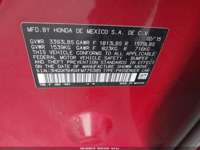 3HGGK5H5XFM775385 Honda l15b1