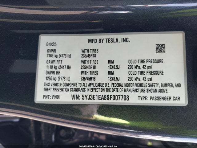 2025 TESLA MODEL 3 5YJ3E1EA8SF007708 Photo 8
