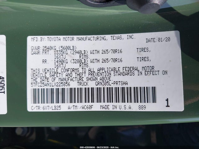 5TFCZ5AN1LX225856 Toyota 2gr-fks