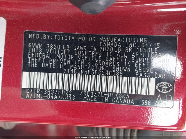 2T1BURHE5FC396085 Toyota 2zr-fe