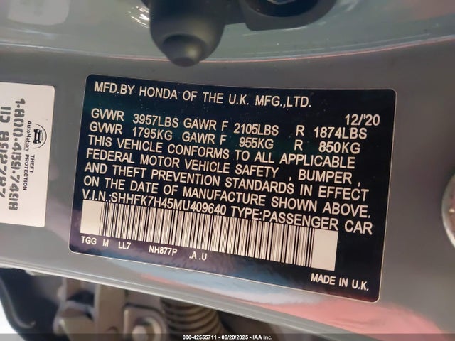 SHHFK7H45MU409640 Honda l15ba