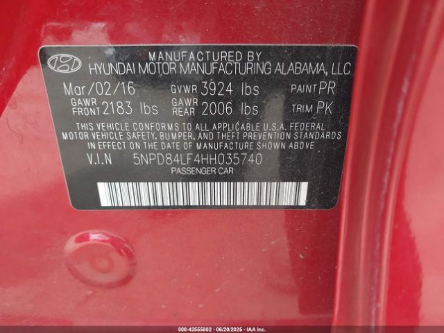 5NPD84LF4HH035740 Hyundai 2017