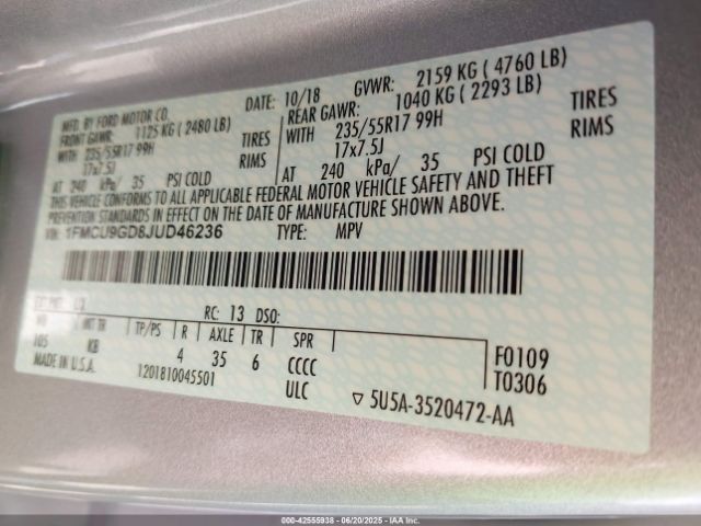 2018 FORD ESCAPE 1FMCU9GD8JUD46236 Photo 8