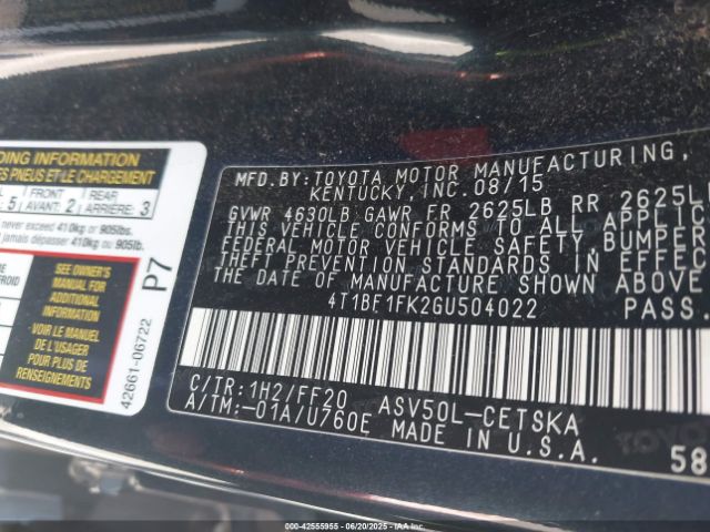 4T1BF1FK2GU504022 Toyota 2ar-fe