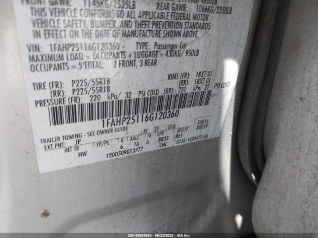 2006 FORD FIVE HUNDRED 1FAHP25116G120360 Photo 8