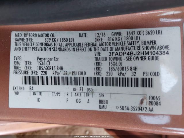 3FADP4BJ2HM104384 Ford 1.6l ti-vct premium fuel