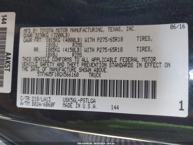 5TFHW5F10GX566160 Toyota 3ur-fbe