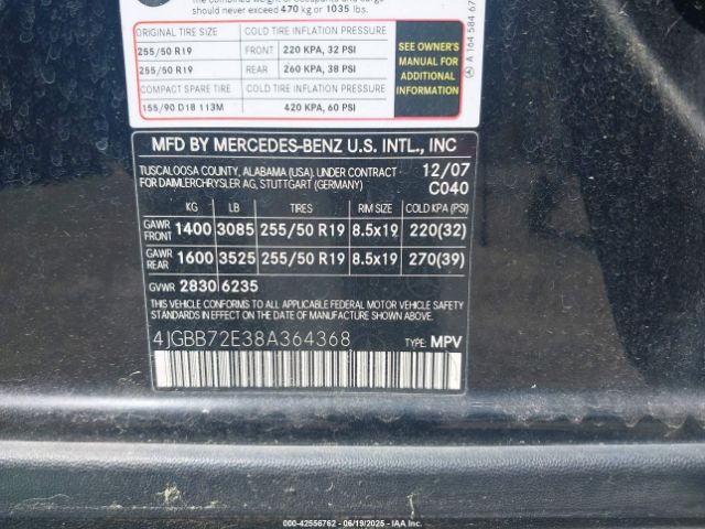 2008 MERCEDES-BENZ ML 550 4JGBB72E38A364368 Photo 8