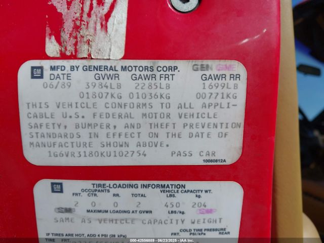 1989 CADILLAC ALLANTE 1G6VR3180KU102754 Photo 8