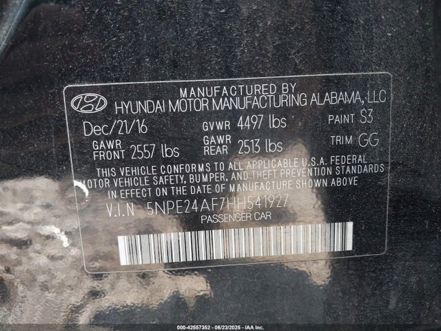 5NPE24AF7HH541927 Hyundai 2017