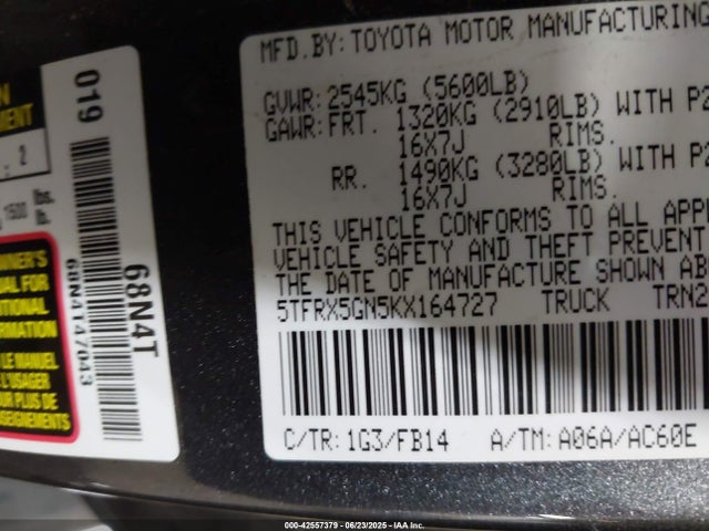 5TFRX5GN5KX164727 Toyota 2tr-fe