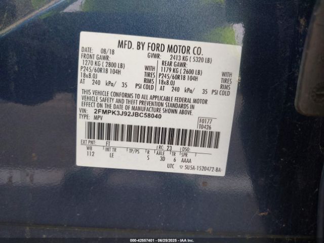 2FMPK3J92JBC58040 Ford 2.0l gtdi w/premium fuel
