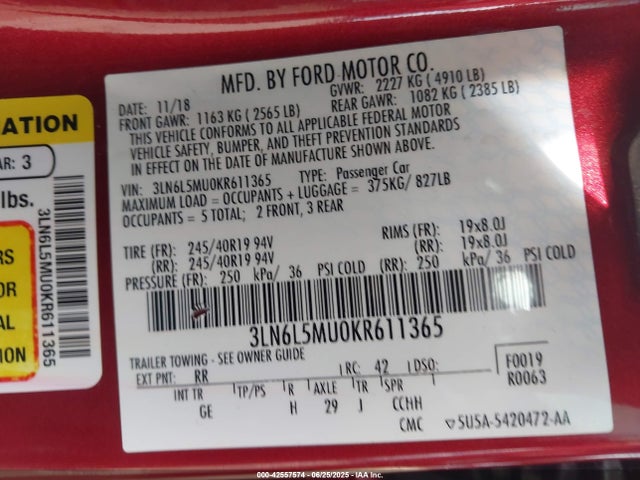 3LN6L5MU0KR611365 Lincoln 2.0l 4v atk