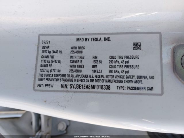 2021 TESLA MODEL 3 5YJ3E1EA8MF018338 Photo 8