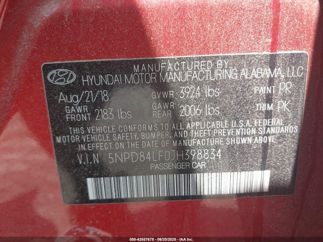 5NPD84LF0JH398834 Hyundai mpi nu