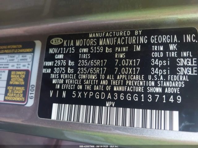 5XYPGDA36GG137149 KIA dohc gdi theta ii